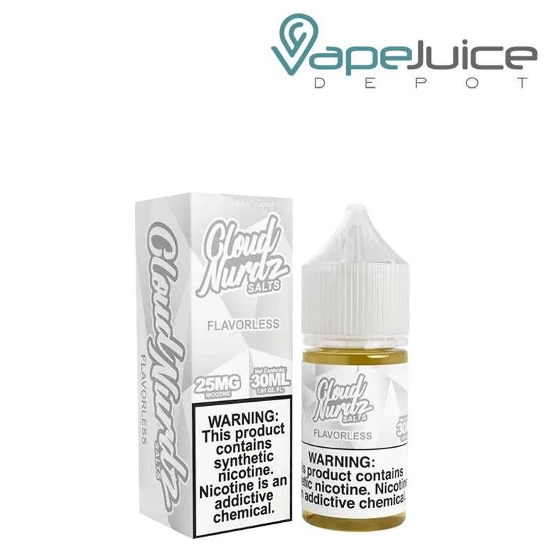 A Box of Flavorless TFN Salts Cloud Nurdz with a warning sign and a 30ml bottle next to it - Vape Juice Depot
