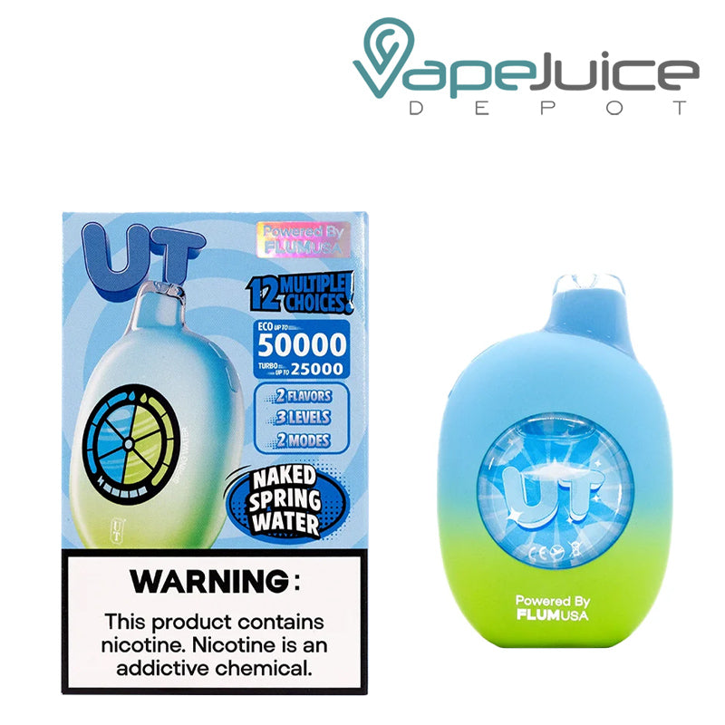 A Box of Flum UT 50000 Disposable with a warning sign and a device next to it - Vape Juice Depot