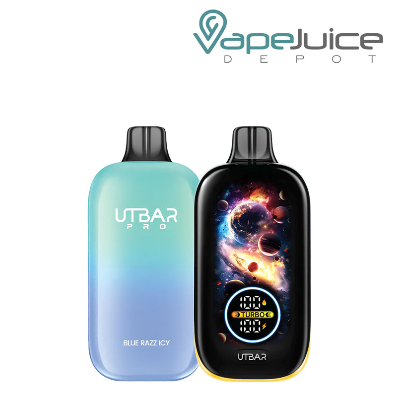 Blue Razz Icy Flum UT Bar Pro 25K Disposable vape showing its Galaxy Full LED Screen - Vape Juice Depot