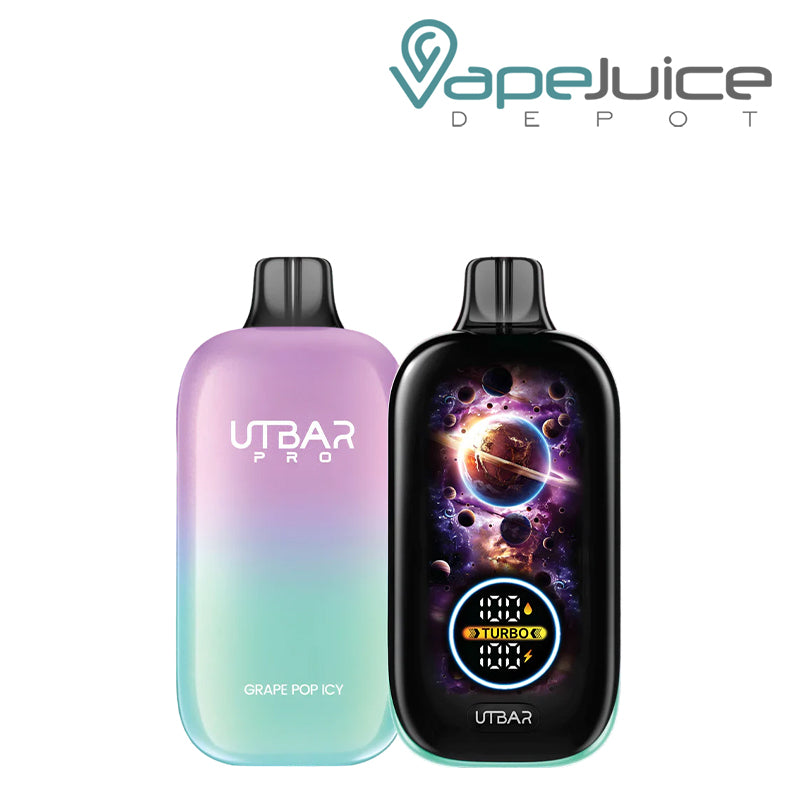 Grape Pop Icy Flum UT Bar Pro 25K Disposable vape showing its Galaxy Full LED Screen - Vape Juice Depot