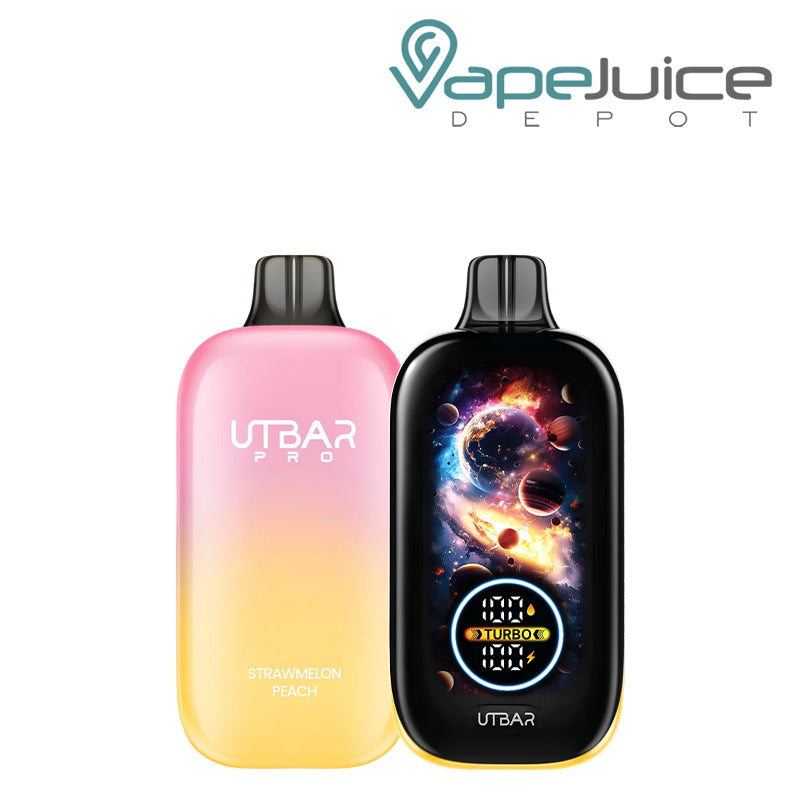 Strawmelon Peach Flum UT Bar Pro 25K Disposable vape showing its Galaxy Full LED Screen - Vape Juice Depot