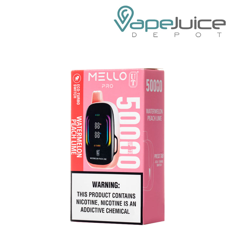A Box of Flum UT Mello Pro 50K Disposable with a warning sign - Vape Juice Depot