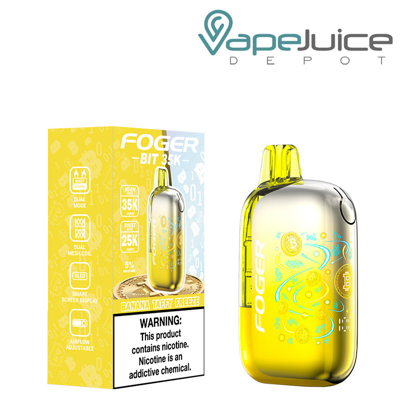 A Box of Banana Taffy Freeze Foger Bit 35K Disposable Vape with a warning sign and a device next to it - Vape Juice Depot