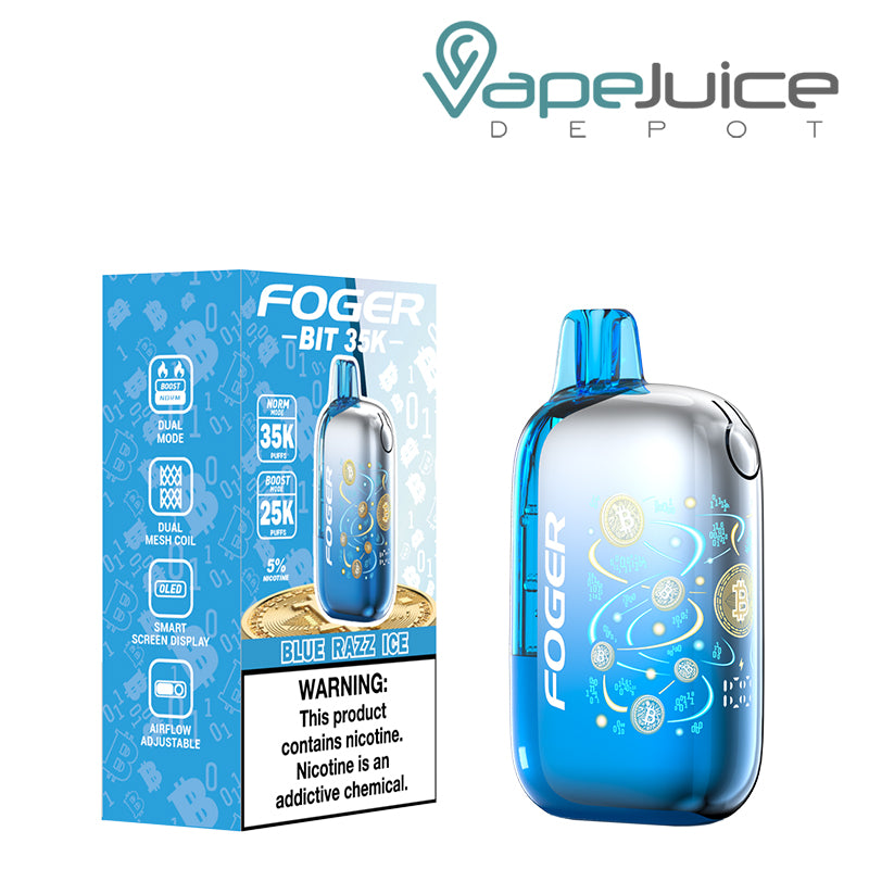 A Box of Blue Razz Ice Foger Bit 35K Disposable Vape with a warning sign and a device next to it - Vape Juice Depot
