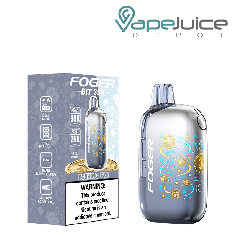 A Box of Fcuking Fab Foger Bit 35K Disposable Vape with a warning sign and a device next to it - Vape Juice Depot