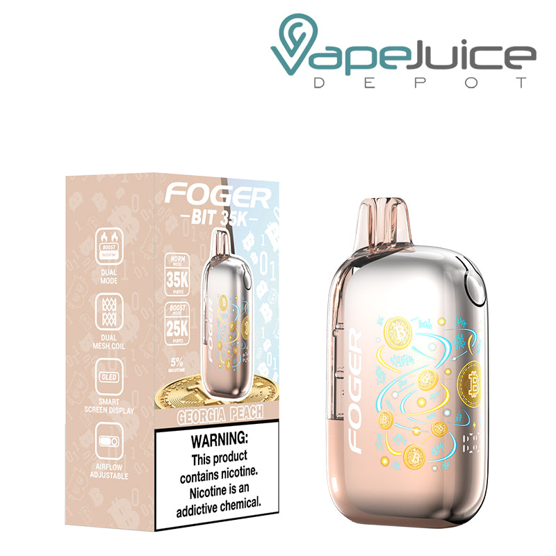 A Box of Georgia Peach Foger Bit 35K Disposable Vape with a warning sign and a device next to it - Vape Juice Depot
