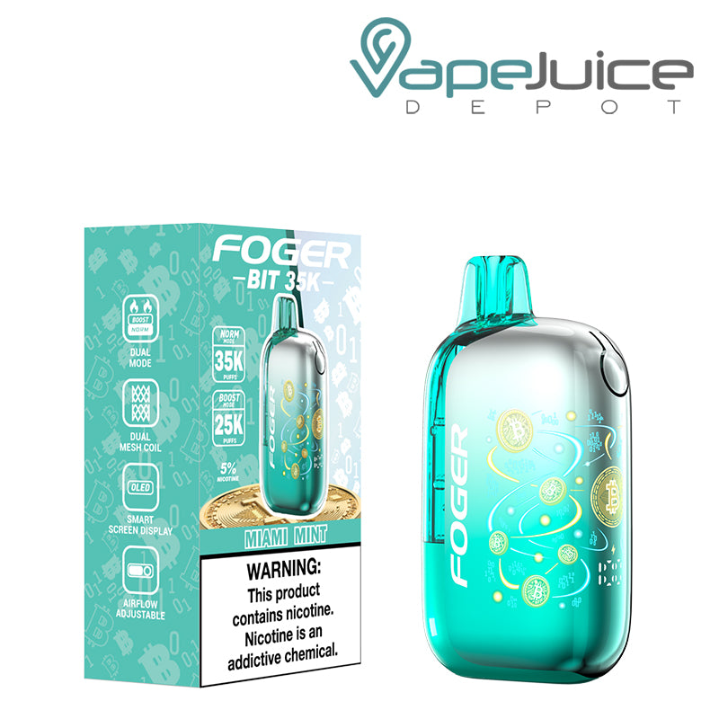 A Box of Miami Mint Foger Bit 35K Disposable Vape with a warning sign and a device next to it - Vape Juice Depot