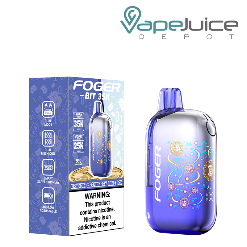 A Box of Orange Cranberry Lime Ice Foger Bit 35K Disposable Vape with a warning sign and a device next to it - Vape Juice Depot