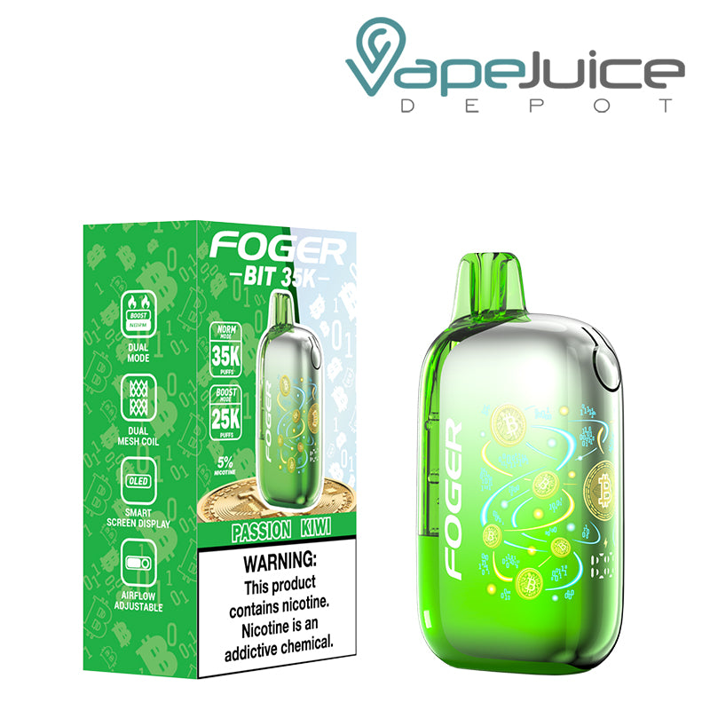 A Box of Passion Kiwi Foger Bit 35K Disposable Vape with a warning sign and a device next to it - Vape Juice Depot