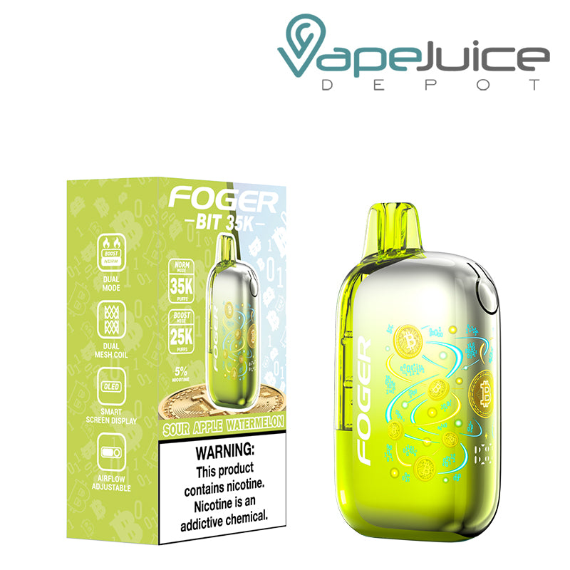A Box of Sour Apple Watermelon Foger Bit 35K Disposable Vape with a warning sign and a device next to it - Vape Juice Depot