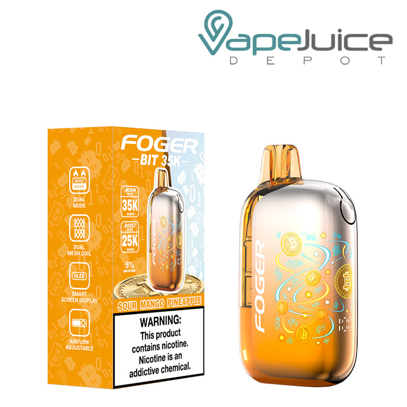 A Box of Sour Mango Pineapple Foger Bit 35K Disposable Vape with a warning sign and a device next to it - Vape Juice Depot