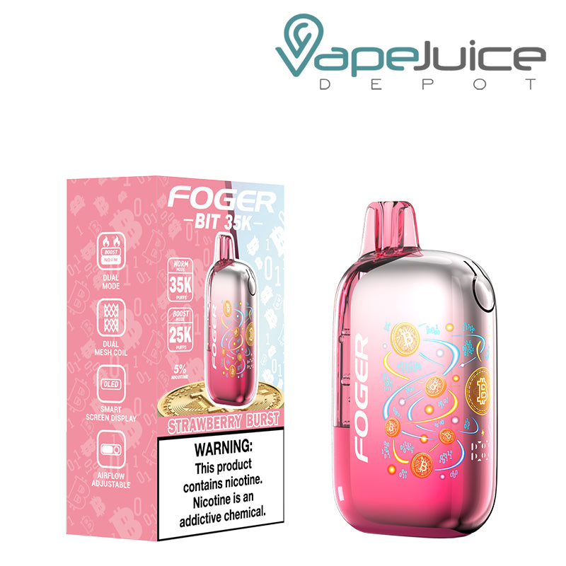 A Box of Strawberry Burst Foger Bit 35K Disposable Vape with a warning sign and a device next to it - Vape Juice Depot