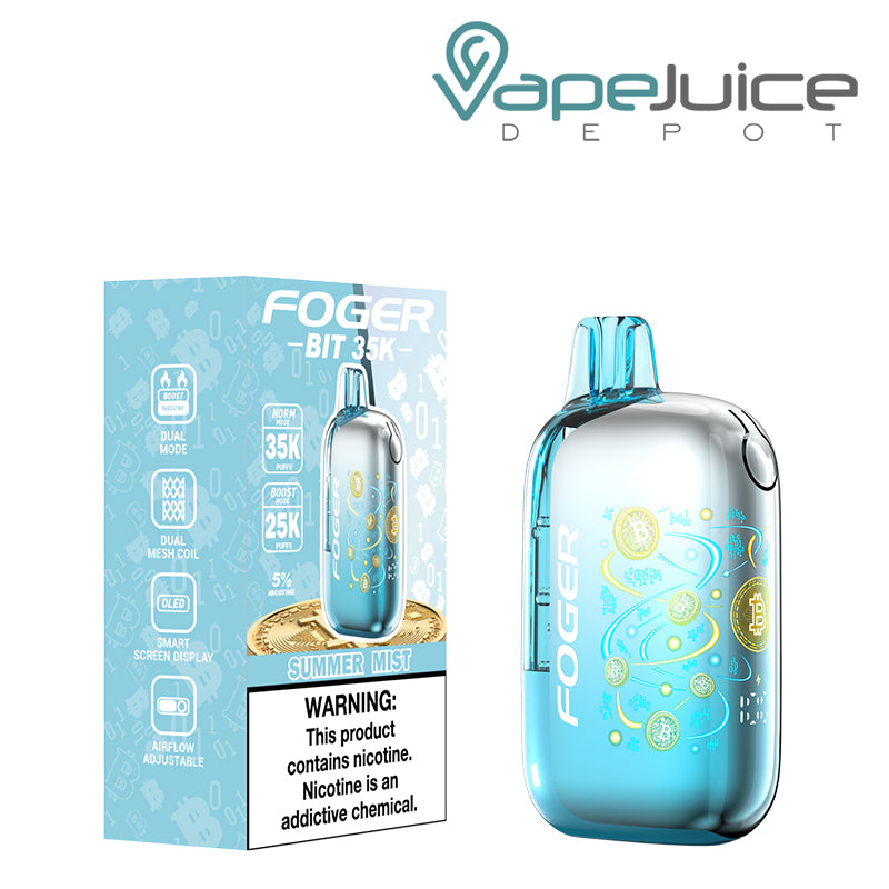 A Box of Summer Mist Foger Bit 35K Disposable Vape with a warning sign and a device next to it - Vape Juice Depot