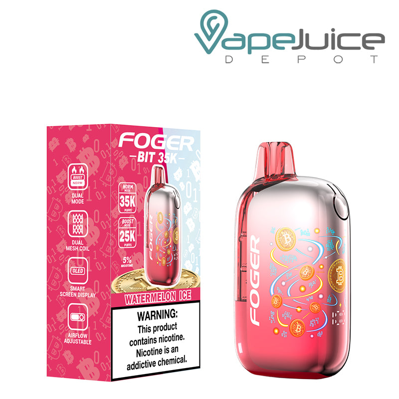 A Box of Watermelon Ice Foger Bit 35K Disposable Vape with a warning sign and a device next to it - Vape Juice Depot