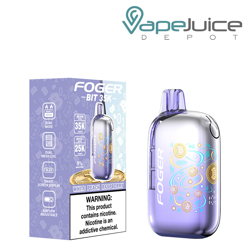 A Box of White Peach Raspberry Foger Bit 35K Disposable Vape with a warning sign and a device next to it - Vape Juice Depot