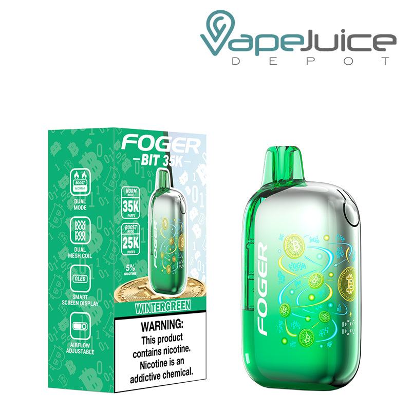 A Box of Wintegreen Foger Bit 35K Disposable Vape with a warning sign and a device next to it - Vape Juice Depot