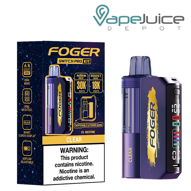 A Box of Clear Foger Switch Pro 30K Clear Disposable Vape Kit with a warning sign and a disposable next to it - Vape Juice Depot