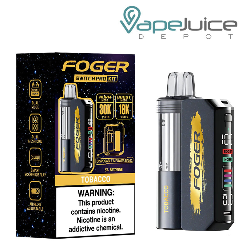 A Box of Tobacco Foger Switch Pro 30K Tobacco Disposable Vape Kit and a disposable next to it - Vape Juice Depot
