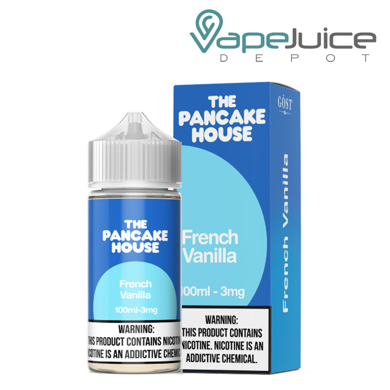 A 100ml bottle of French Vanilla The Pancake House and a box with a warning sign next to it - Vape Juice Depot