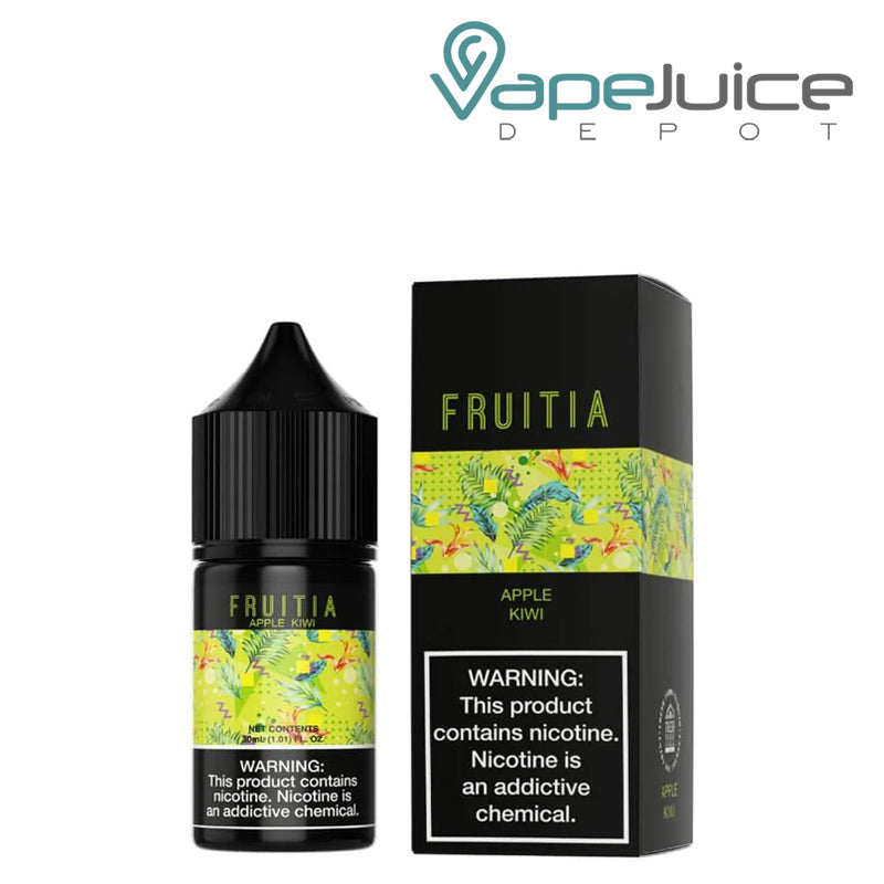 A 30ml bottle of Apple Kiwi Crush Salts Fruitia Fresh Farms with a warning sign and a box next to it - Vape Juice Depot