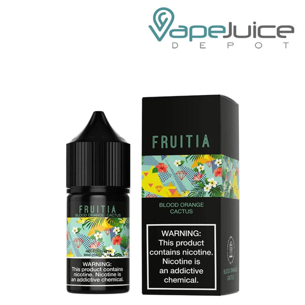 A 30ml bottle of Blood Orange Cactus Salt Fruitia Fresh Farms with a warning sign and a box next to it - Vape Juice Depot