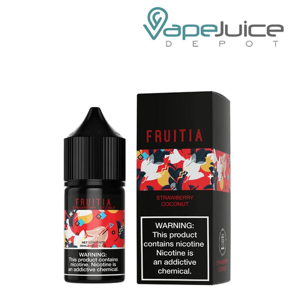 A 30ml bottle of Strawberry Coconut Salt Fruitia Fresh Farms with a warning sign and a box next to it - Vape Juice Depot