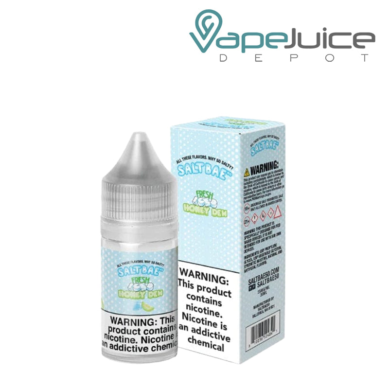 A 30ml bottle of Fresh Iced Honey Dew SaltBae50 Salt and a box with a warning sign next to it - Vape Juice Depot