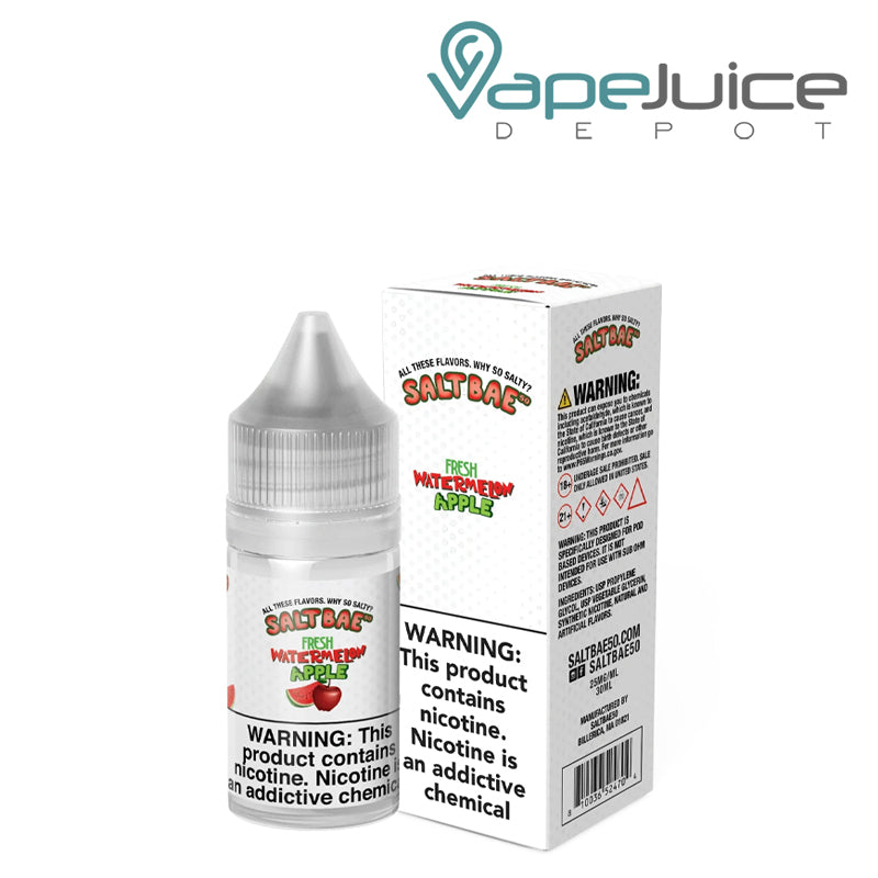 A 30ml bottle of Fresh Watermelon Apple SaltBae50 Salt and a box with a warning sign next to it - Vape Juice Depot