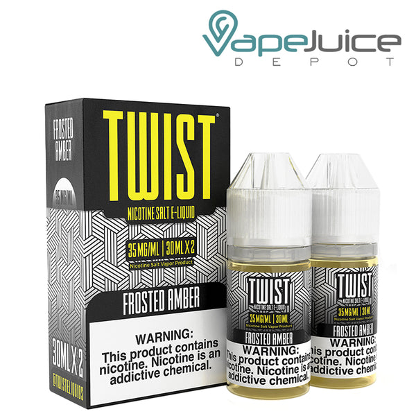 A box of Frosted Amber Twist Salt e-Liquid with a warning sign and two 30ml bottles next to it - Vape Juice Depot