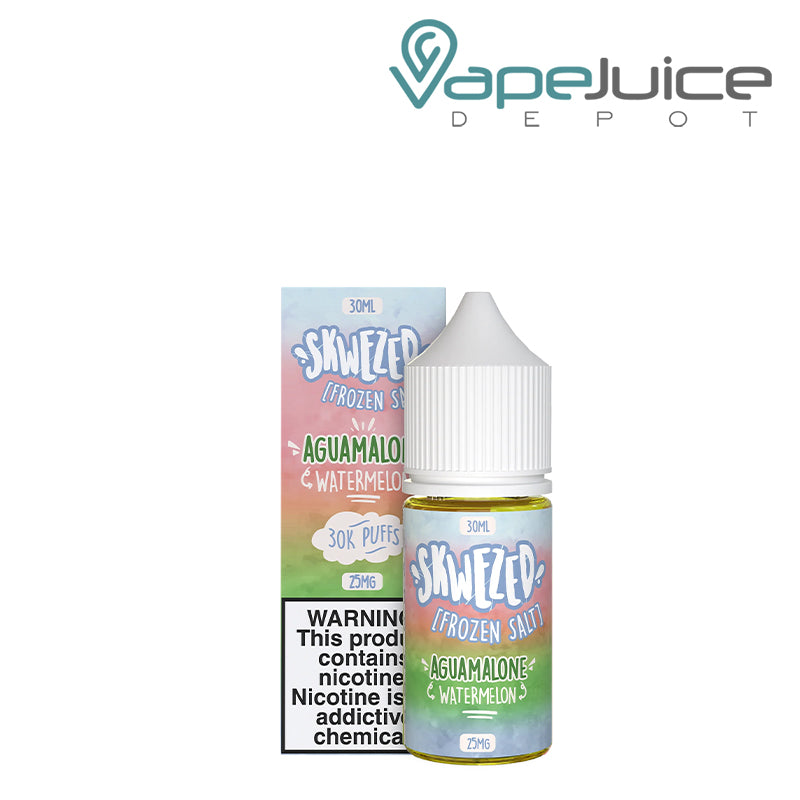 A Box of Frozen Aguamelone Skwezed Salt with a warning sign and a 30ml bottle next to it - Vape Juice Depot