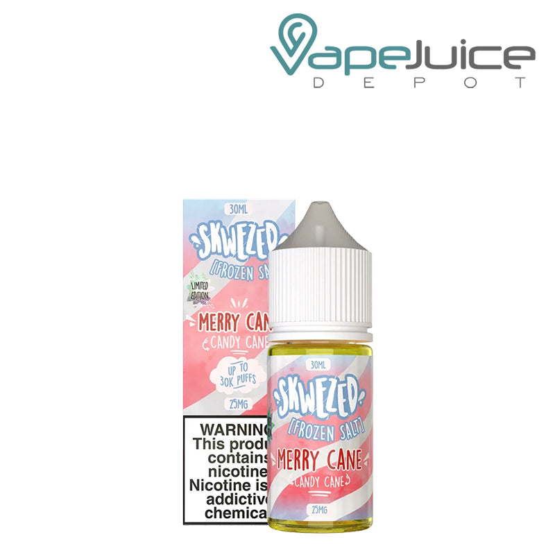 A Box of Frozen Merry Cane Skwezed Salt with a warning sign and a 30ml bottle next to it - Vape Juice Depot