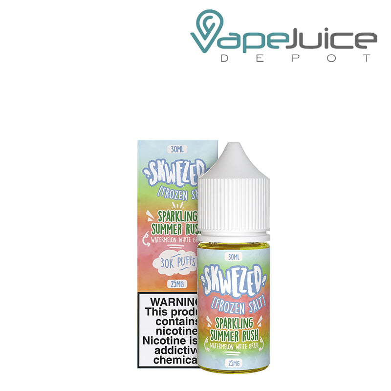 A Box of Frozen Sparkling Summer Rush Skwezed Salt with a warning sign and a 30ml bottle next to it - Vape Juice Depot