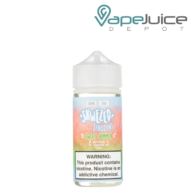 A 100ml bottle of Frozen Sweet Summer Skwezed eLiquid with a warning sign - Vape Juice Depot