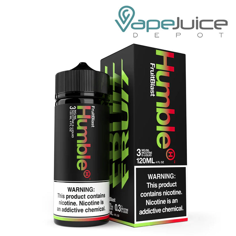 A 120ml bottle of Fruit Blast TFN Humble eLiquid and a box with a warning sign next to it - Vape Juice Depot