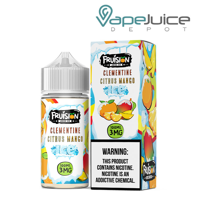 A 100ml bottle of Iced Clementine Citrus Mango Fruision Juice Co 3mg and a box with a warning sign next to it - Vape Juice Depot