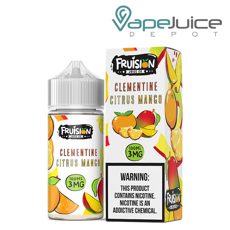 A 100ml bottle of Clementine Citrus Mango Fruision Juice Co 3mg and a box with a warning sign next to it - Vape Juice Depot