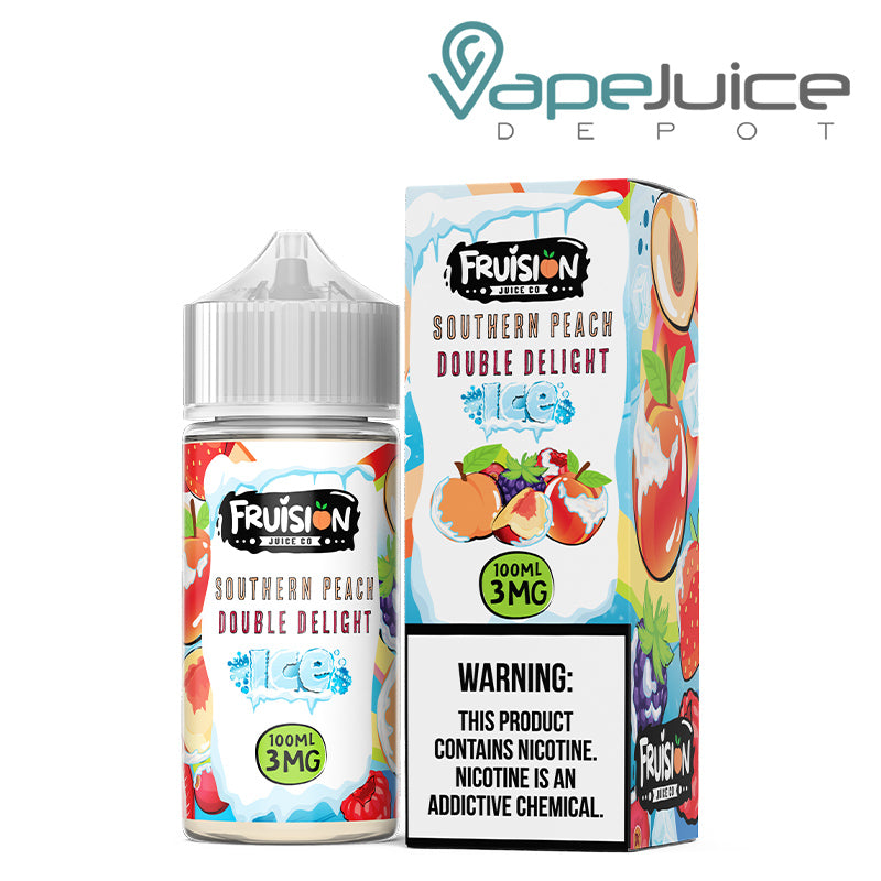 A 100ml bottle of Iced Southern Peach Double Delight Fruision Juice Co 3mg and a box with a warning sign next to it - Vape Juice Depot