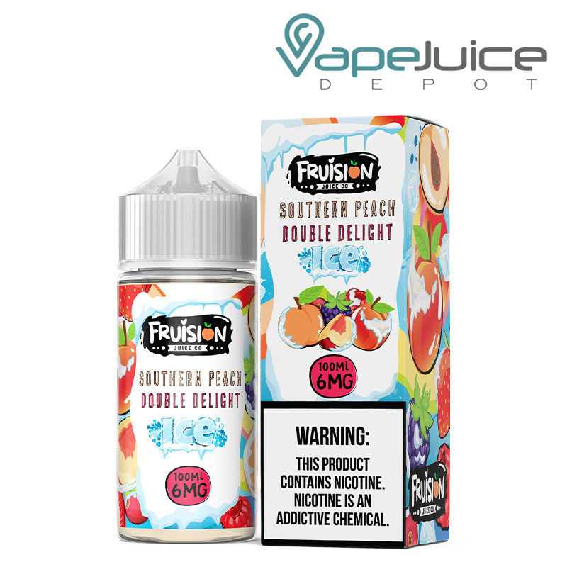 A 100ml bottle of Iced Southern Peach Double Delight Fruision Juice Co 6mg and a box with a warning sign next to it - Vape Juice Depot