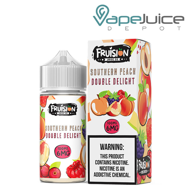 A 100ml bottle of Southern Peach Double Delight Fruision Juice Co 6mg and a box with a warning sign next to it - Vape Juice Depot