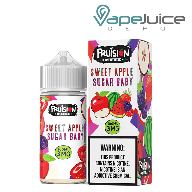 A 100ml bottle of Sweet Apple Sugar Baby Fruision Juice Co 3mg and a box with a warning sign next to it - Vape Juice Depot