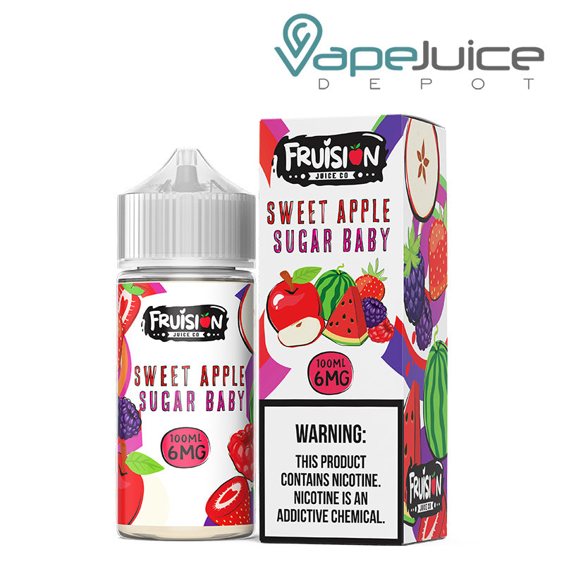 A 100ml bottle of Sweet Apple Sugar Baby Fruision Juice Co 6mg and a box with a warning sign next to it - Vape Juice Depot