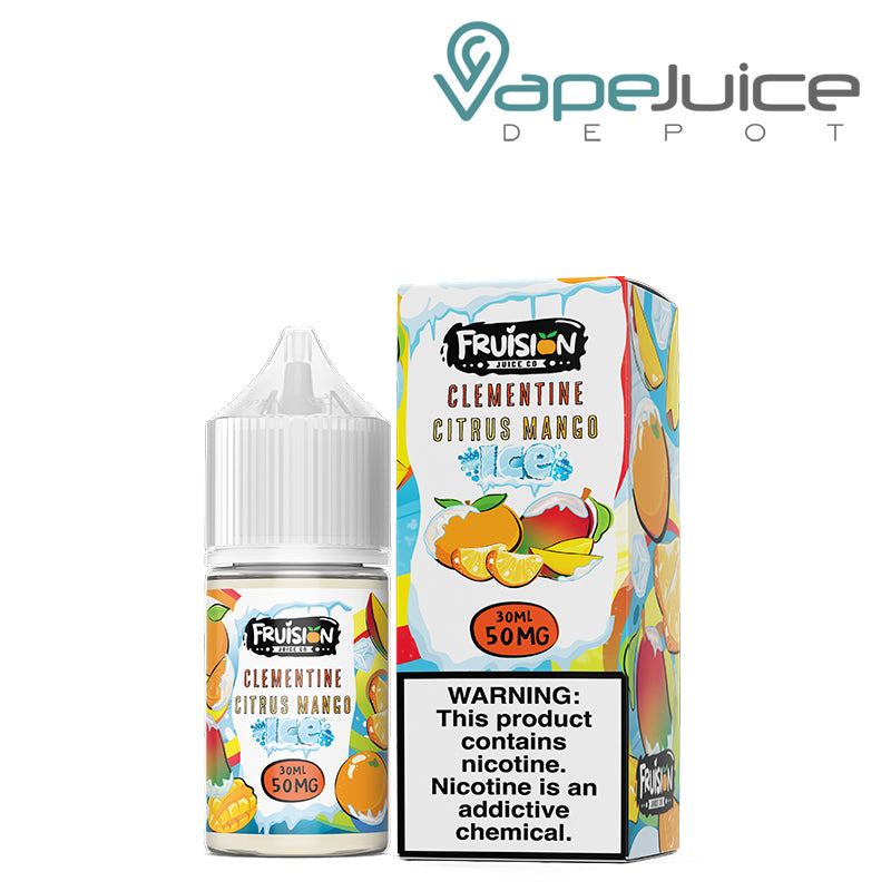 A 30ml bottle of Iced Clementine Citrus Mango Fruision Salts 50mg and a box with a warning sign next to it - Vape Juice Depot