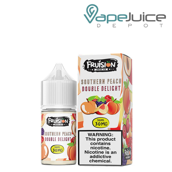 A 30ml bottle of Southern Peach Double Delight Fruision Salts 30mg and a box with a warning sign next to it - Vape Juice Depot
