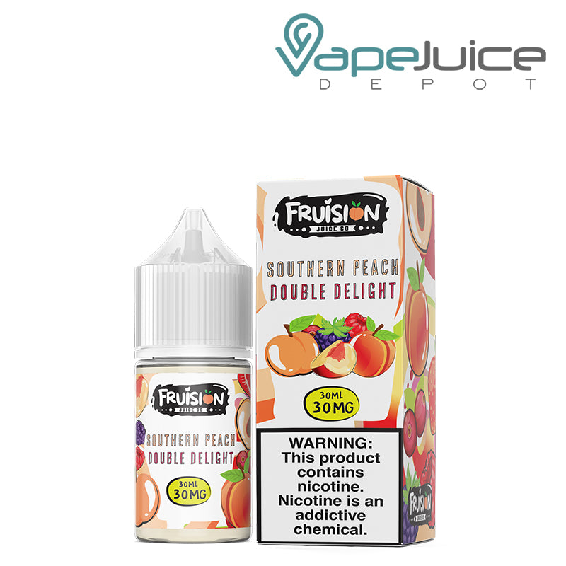 A 30ml bottle of Southern Peach Double Delight Fruision Salts 30mg and a box with a warning sign next to it - Vape Juice Depot