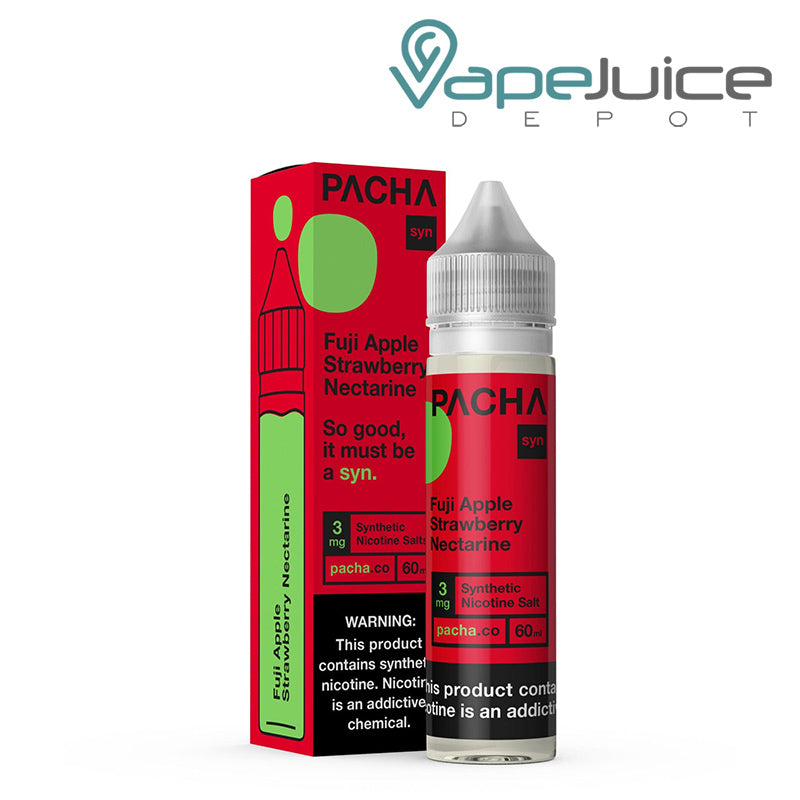 A box of Fuji Apple Strawberry Nectarine PachaMama with a warning sign and a 60ml bottle next to it - Vape Juice Depot