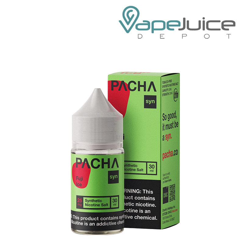 A 30ml bottle of Fuji Ice PachaMama Salts with a warning sign and a box next to it - Vape Juice Depot