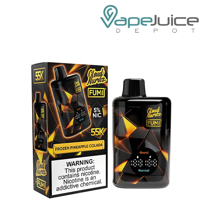 A Box of Frozen Pineapple Colada Fumi x Cloud Nurdz 55K Disposable with a warning sign and a device with an LED display screen next to it - Vape Juice Depot