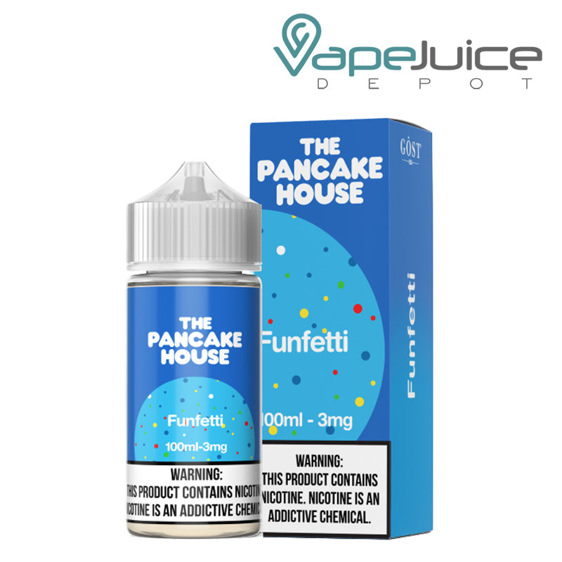 A 100ml bottle of Funfetti The Pancake House and a box with a warning sign next to it - Vape Juice Depot
