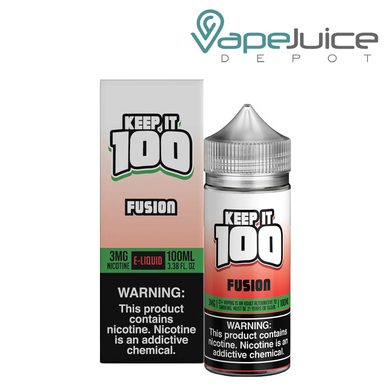 A box of Fusion (OG Island Fusion) Keep It 100 TFN eLiquid with a warning sign and a 100ml bottle next to it - Vape Juice Depot