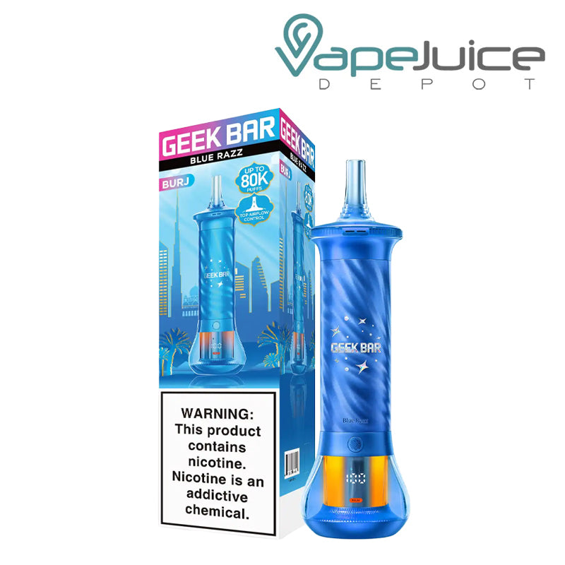 A Box of Blue Razz Geek Bar Burj 80K Disposable with a warning sign and a device next to it - Vape Juice Depot